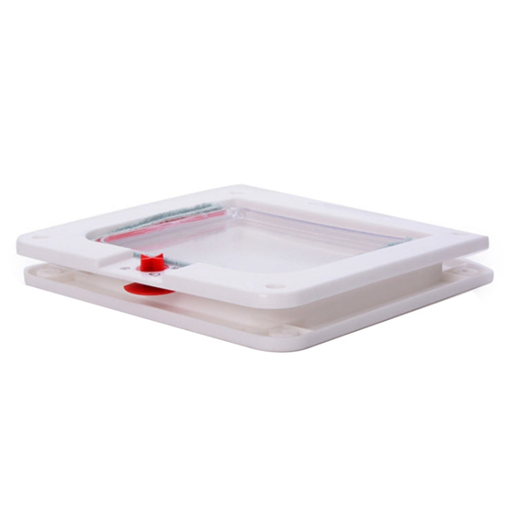 White pet door base with clear flap insert and red locking lever