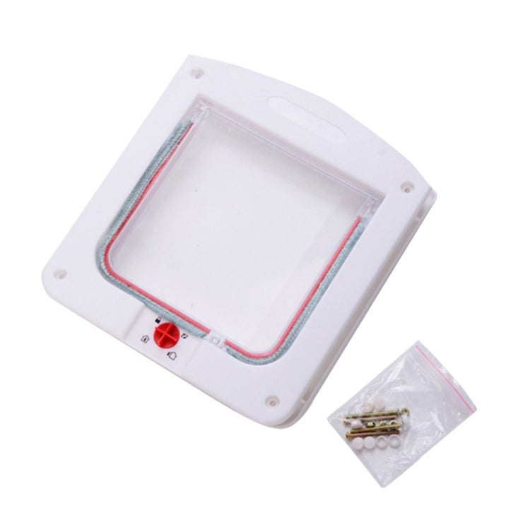 White pet door frame with transparent flap and red control knob, angled view