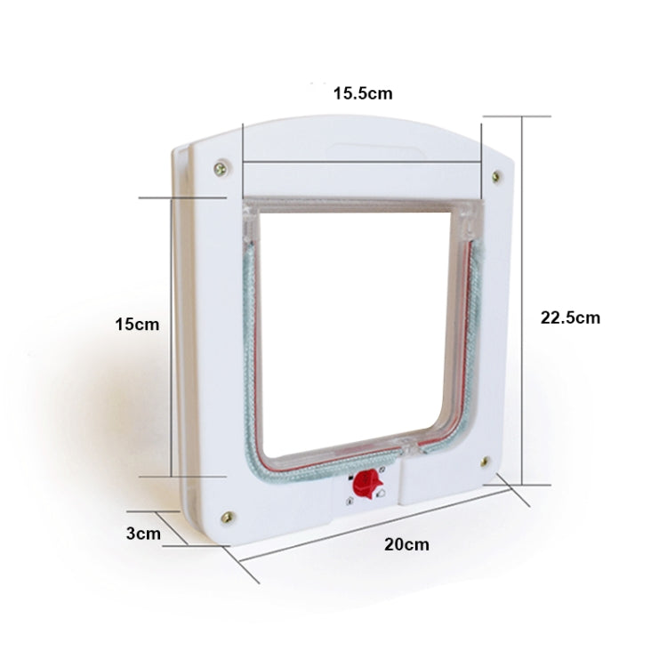 White pet door unit with flap, shown with size measurements