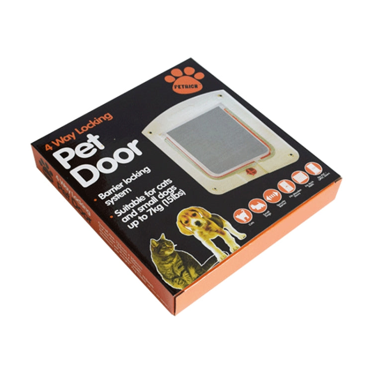 Pet Door product box showing 4-way locking and transparent flap