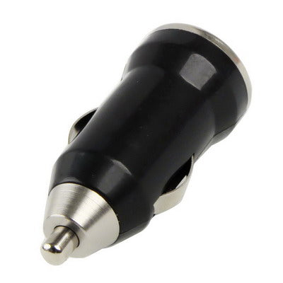 Mini USB car charger, black cylindrical body, side view of USB connector