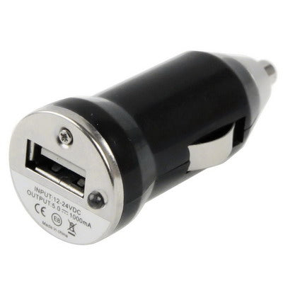 Mini USB car charger, black with USB port and metal ring, front face