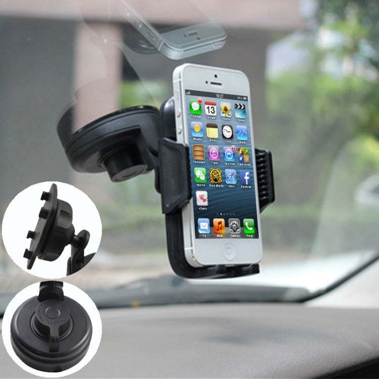 Black car phone mount with clamp-style holder and adjustable arm for dashboard