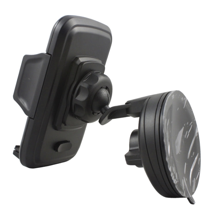 Black adjustable car phone holder with long arm and circular suction base