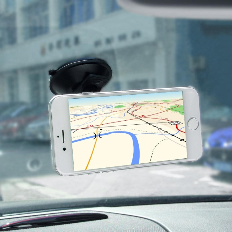 Black car phone mount holder securing a smartphone with suction-cup base