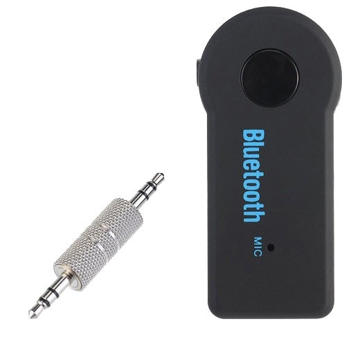 Black Bluetooth mic receiver with blue “Bluetooth” text and large round button
