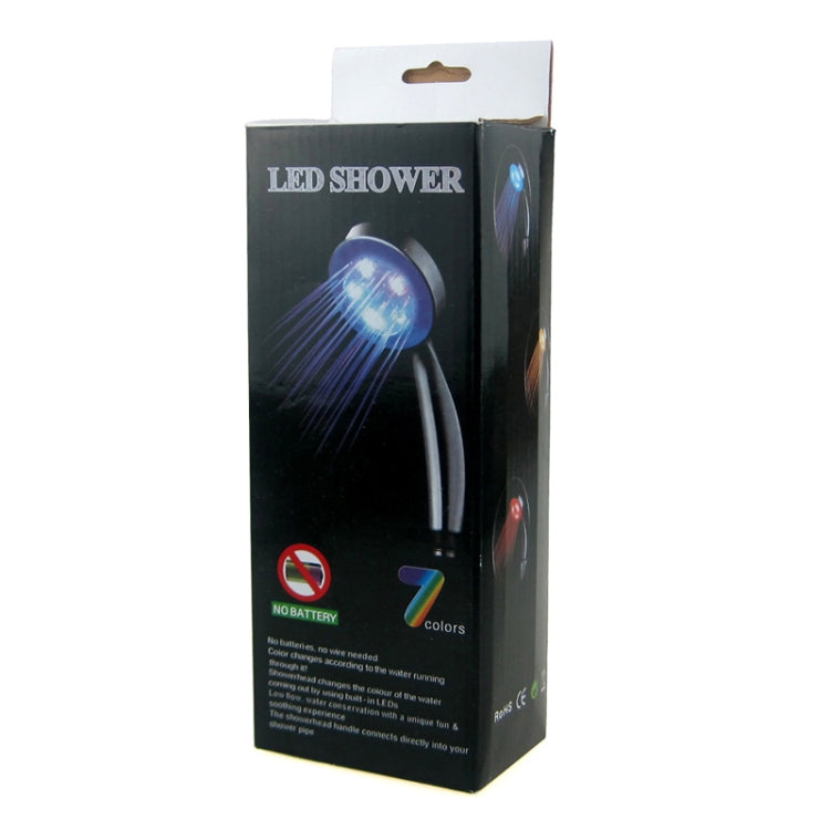 LED shower head retail box stating no battery, color-changing lights
