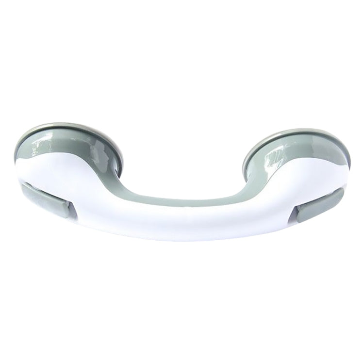Curved suction grab handle with dual pads, white body and dark green grips