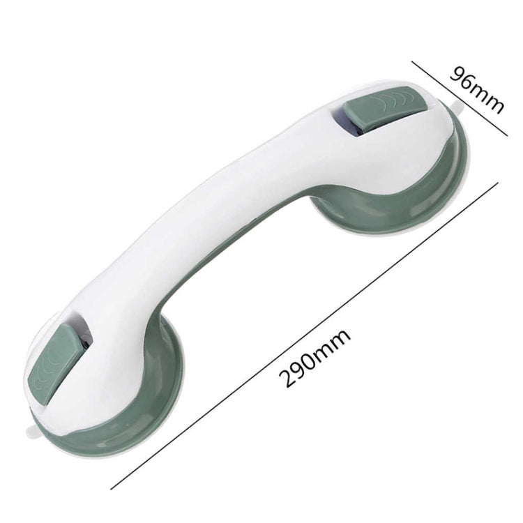 White bath grab handle with dark green suction ends and ergonomic handholds