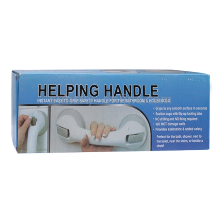 Boxed suction safety handle for bathtub and shower, white body with dark green accents