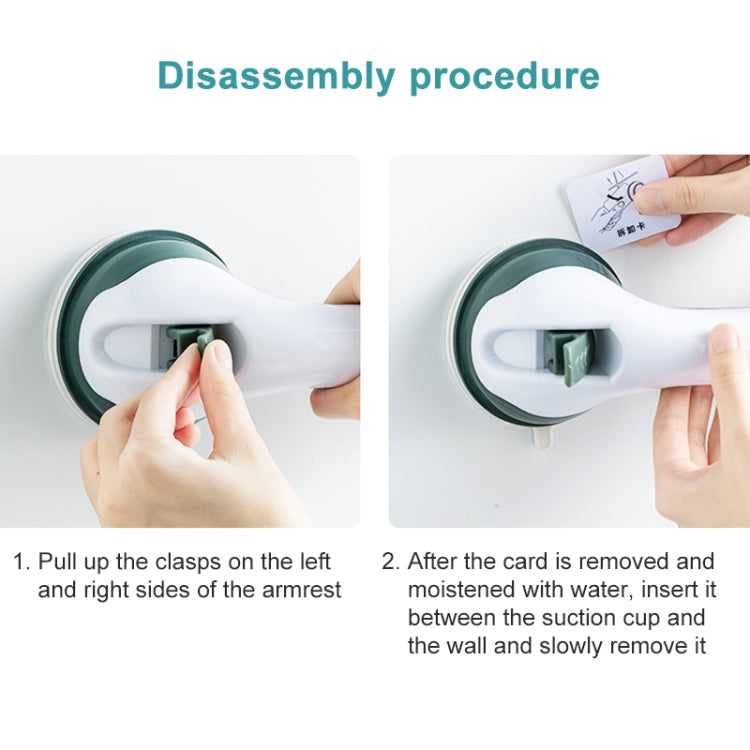 Suction safety handle in white with dark green pads, shown for clasp removal