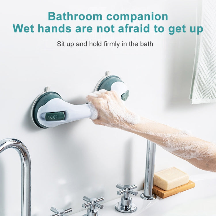 Bathtub shower safety handle with suction cups, white body and dark green grips