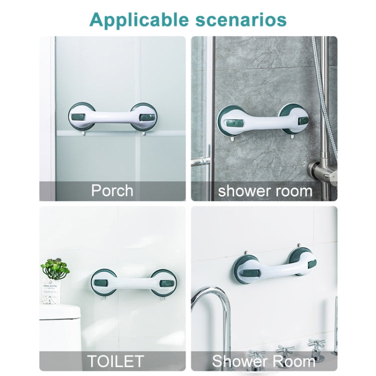 White suction grab handle with dark green grips, dual armrests for bathroom use