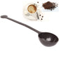 Dark coffee measuring spoon with long ridged handle and deep oval bowl