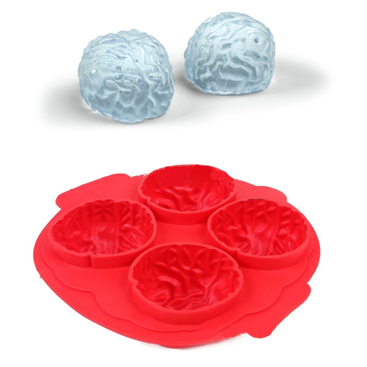 Red silicone ice cube tray with 5 brain-shaped cavities for frozen drinks