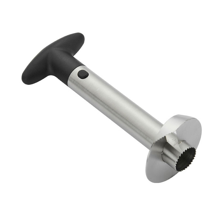 Pineapple corer slicer tool with black knob, silver shaft, serrated core blade