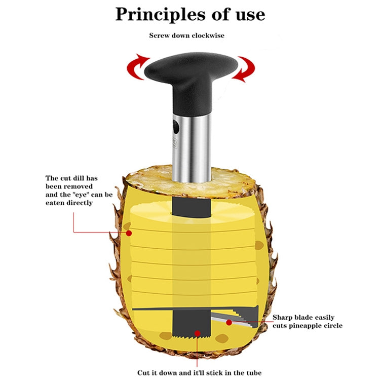 Pineapple corer slicer cutting a pineapple cylinder, black knob on silver tube