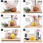 Pineapple corer slicer shown in step-by-step use on pineapple