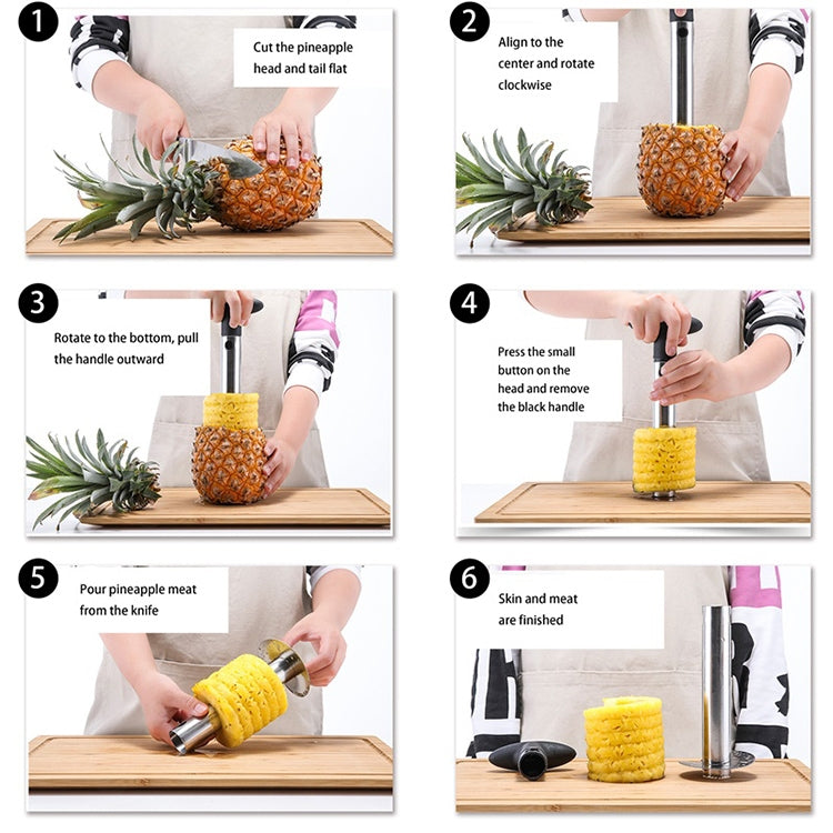 Pineapple corer slicer shown in step-by-step use on pineapple