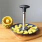Pineapple corer slicer with black handle and silver tube, coring pineapple pieces