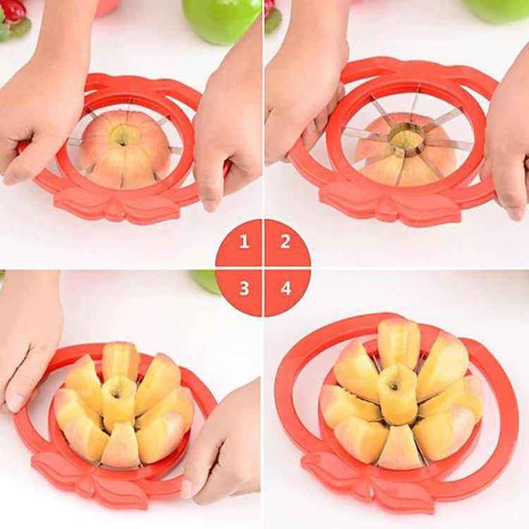 Red apple separator device in use, hands arranging sliced apples on the blades