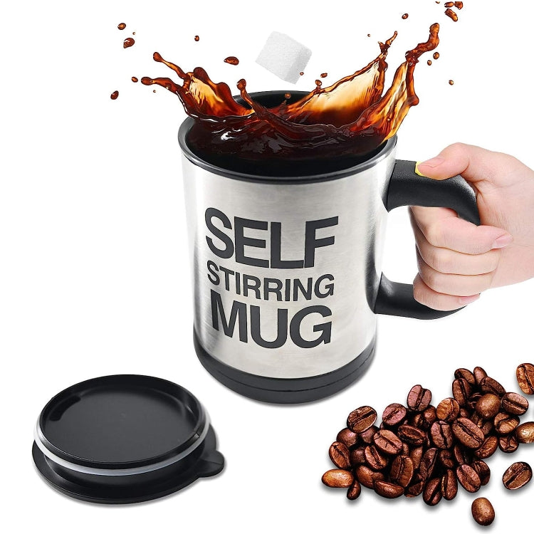 Self-stirring mug with silver body, black handle, and “SELF STIRRING MUG” text