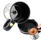 Self-stirring mug with open lid and visible stir mechanism inside the rim