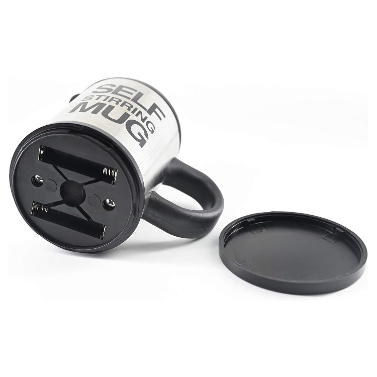 Self-stirring mug with black lid base and open top showing stirring components