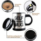 Self-stirring mug diagram showing stir button and lid with cooling hole