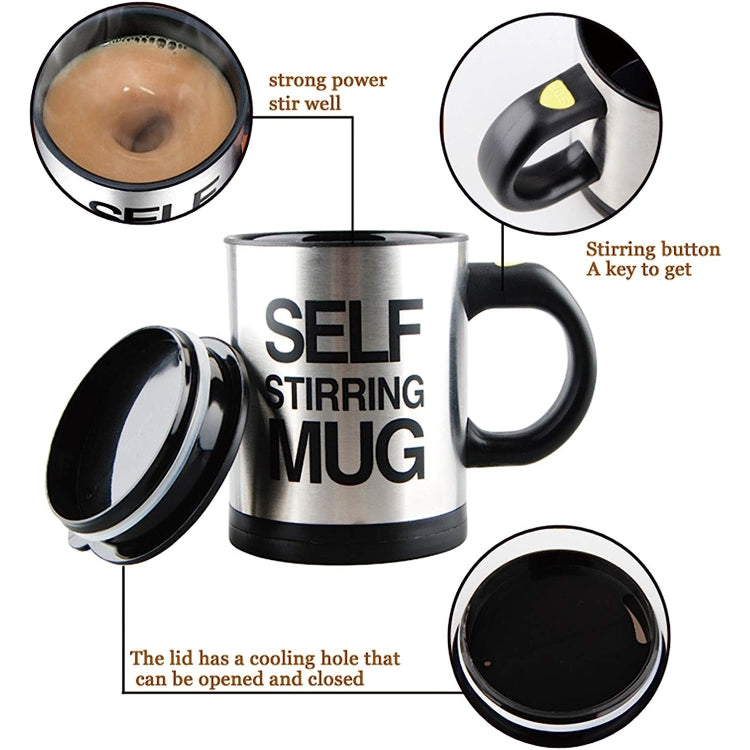 Self-stirring mug diagram showing stir button and lid with cooling hole