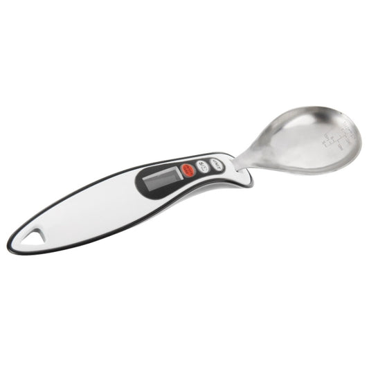 Multi-digital measuring spoon with LCD screen and buttons near handle, silver bowl