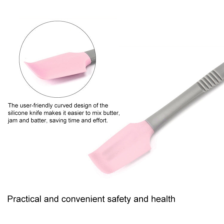 Pink silicone scraper knife with gray handle, curved flexible blade