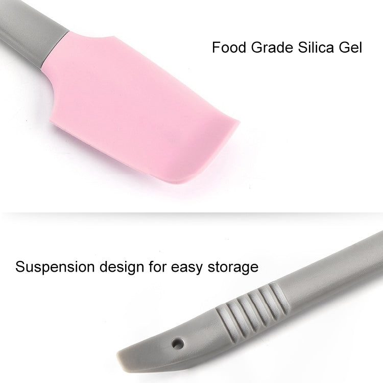 Food-grade pink silicone gel blade on gray handle for cake smoothing