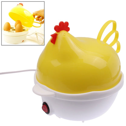Hen-shaped yellow egg boiler with red comb, white base, and looping side handle.