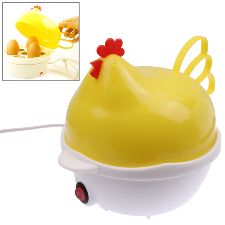 Front view of yellow hen-shaped egg boiler with red comb and white base tray.