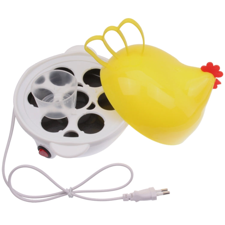 Hen-shaped yellow egg boiler showing underside tray holes and attached power cord.