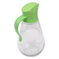 Green-lidded glass oil bottle with curved handle and clear bottle body