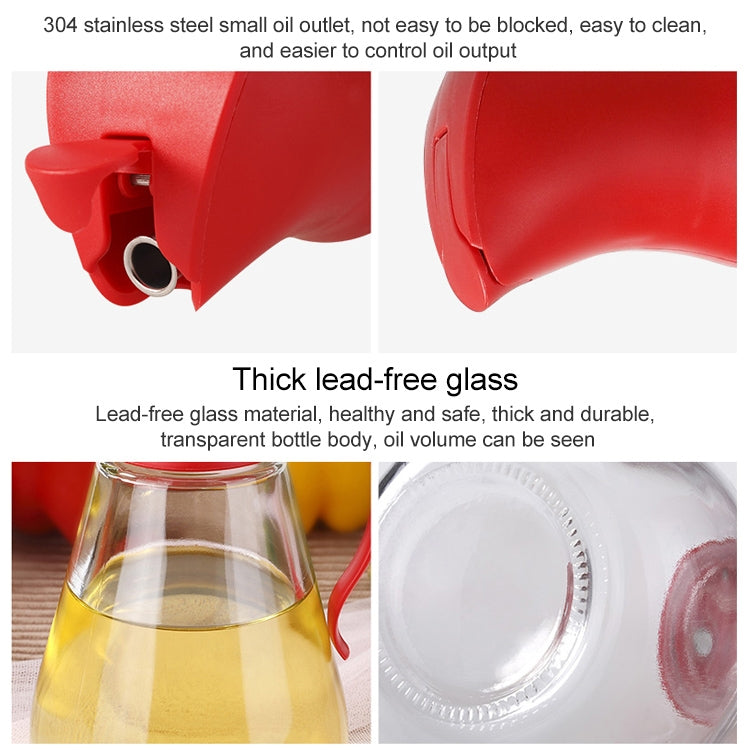 Clear glass oil bottle with red spout outlet and thick rim design