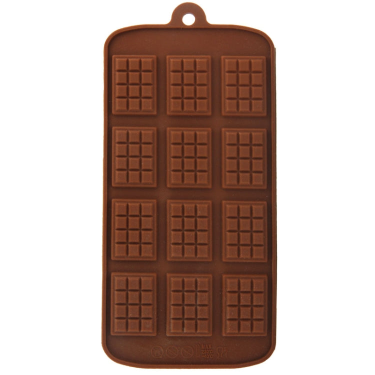Brown silicone chocolate mold sheet with 12 square bar cavities and hanging loop