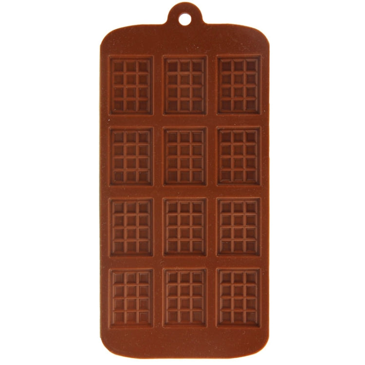 Brown silicone chocolate mold sheet with 12 square bar cavities, hanging loop top