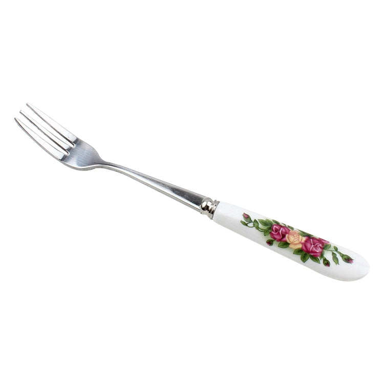 Stainless steel fork with ceramic handle and floral rose pattern