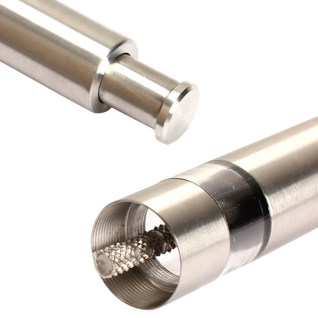 Stainless steel salt and pepper grinder mill showing threaded grinding insert