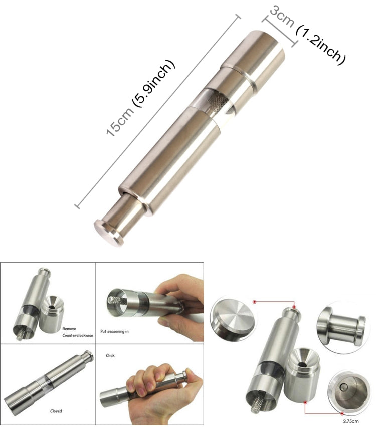 Stainless steel salt and pepper grinder mill with dimensions, 15cm x 3cm