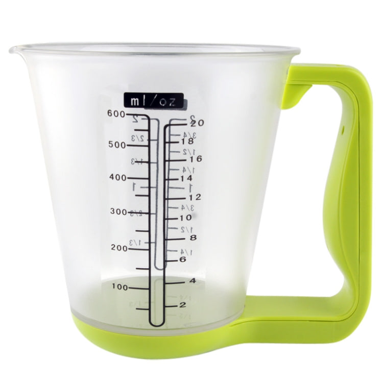 Clear measuring cup with printed scale and green digital handle