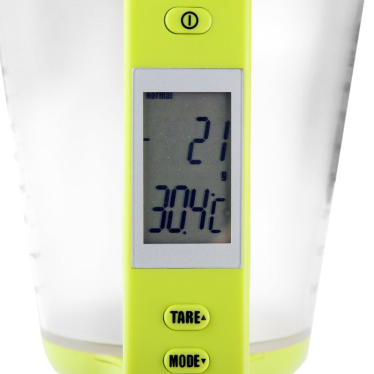 Close-up of green digital display showing 21 g and 30°C