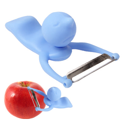 Blue man-shaped vegetable peeler with twin blade and handgrip handle