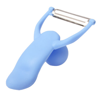 Blue man-shaped vegetable peeler, angled view showing twin blade edge