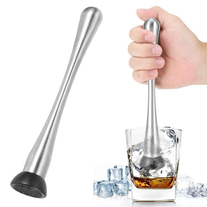 Stainless steel ice pick muddler with black base tip and long tapered handle