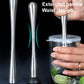 Stainless steel ice pick muddler with extended handle held over an ice-filled cup