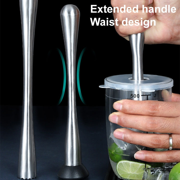 Stainless steel ice pick muddler with extended handle held over an ice-filled cup